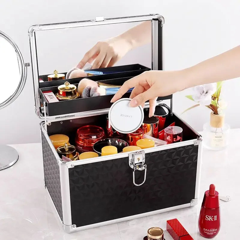Professional Makeup Case with Mirror – Aluminum Alloy Cosmetic Organizer