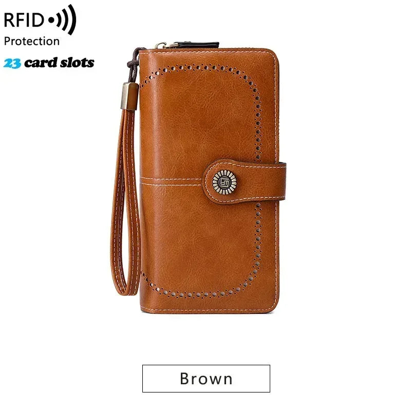 RFID Blocking Women's Leather Wallet – Large Zipper Clutch with 23 Card Slots