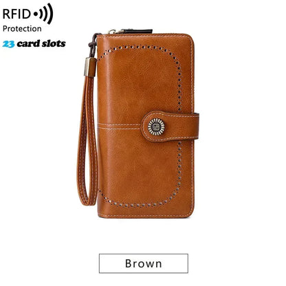 RFID Blocking Women's Leather Wallet – Large Zipper Clutch with 23 Card Slots