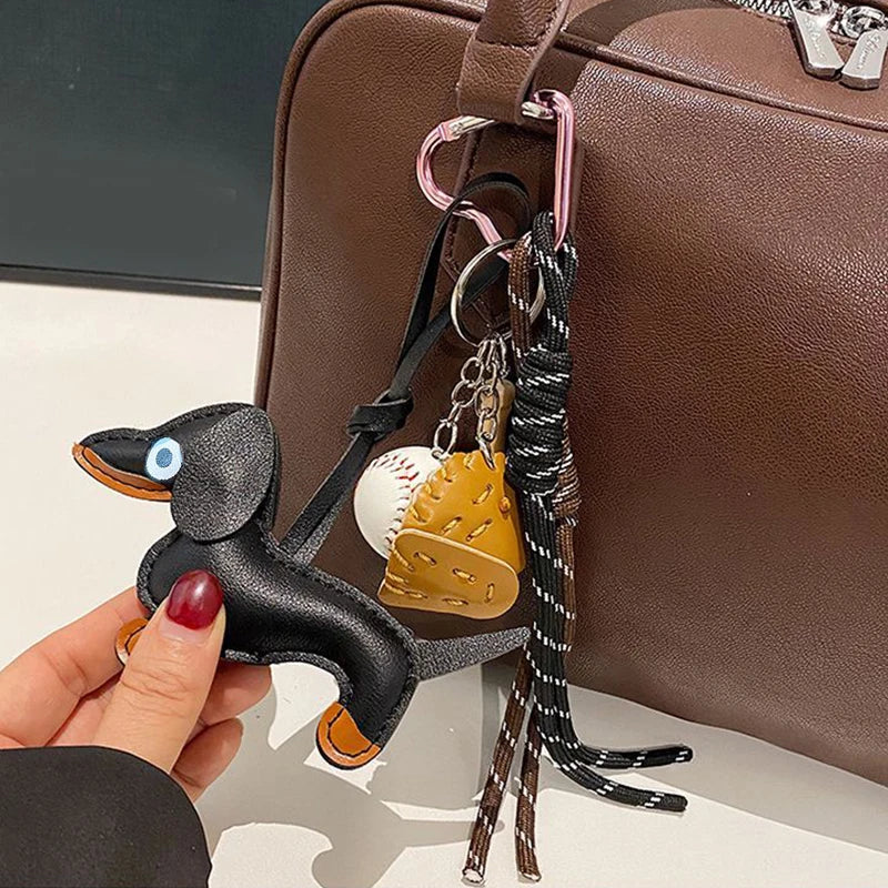 Dachshund Leather Keychain with Baseball Charms & Braided Rope