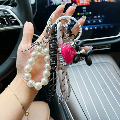 Pearl Charm Keychain with Sports & Heart Pendants – Korean Style