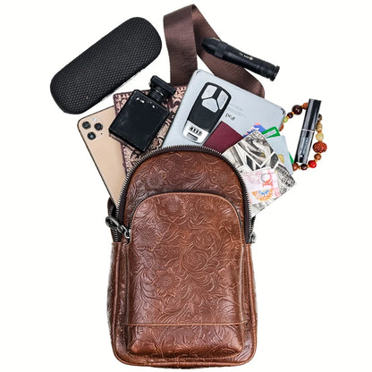 Genuine Leather Chest Bag – Luxury Floral Embossed Sling Backpack for Men