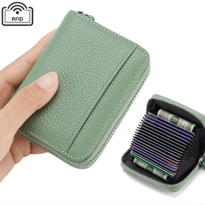 RFID Blocking Genuine Leather Card Holder Wallet with Zipper