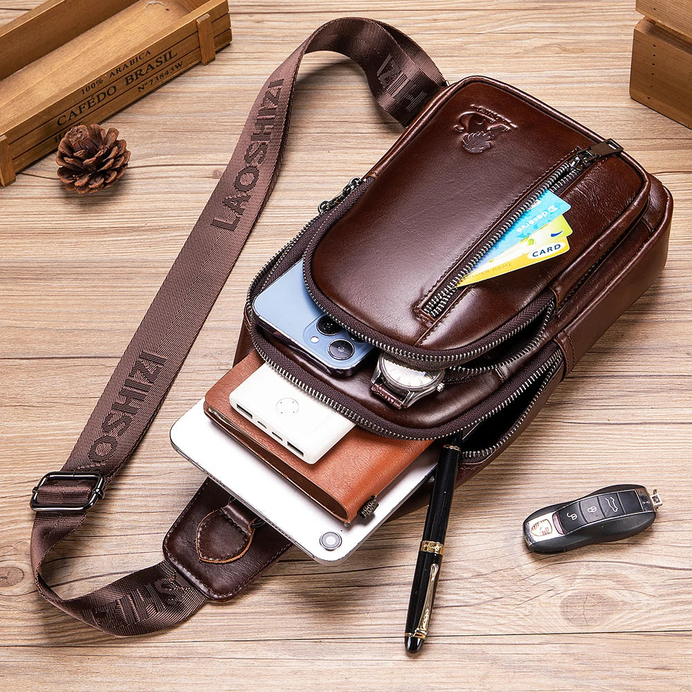 Men's Genuine Leather Sling Chest Bag – Crossbody Shoulder Pack