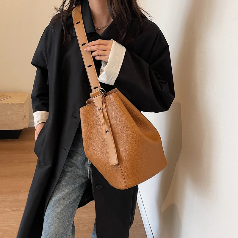 Moods Retro Shoulder Bucket Bag Sets Women 2-In-1 Solid Color Large Capacity Cross Body Shopper