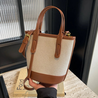 Versatile Pu Canvas Bucket Shoulder Crossbody Bags Simple Casual Sense Luxury Retro Handbags Women