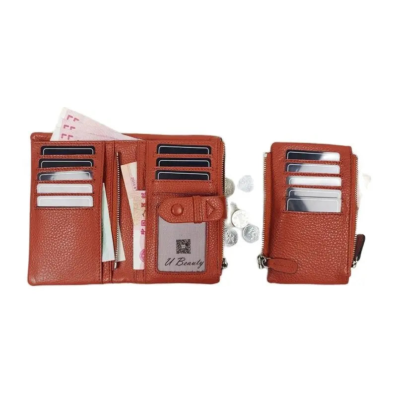 Genuine Leather Short Wallet for Women – Multifunctional Card Holder Zipper Coin Purse