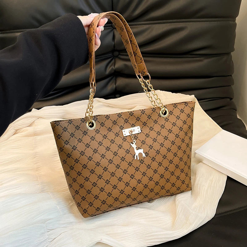 Large Capacity Women's Tote Bag with Gold Chain Strap & Print