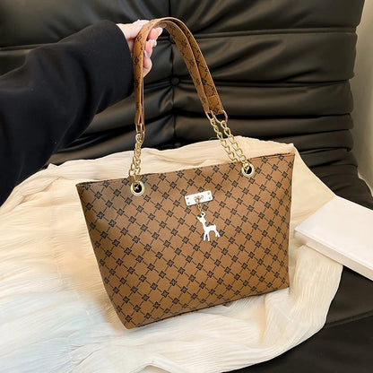Large Capacity Women's Tote Bag with Gold Chain Strap & Print