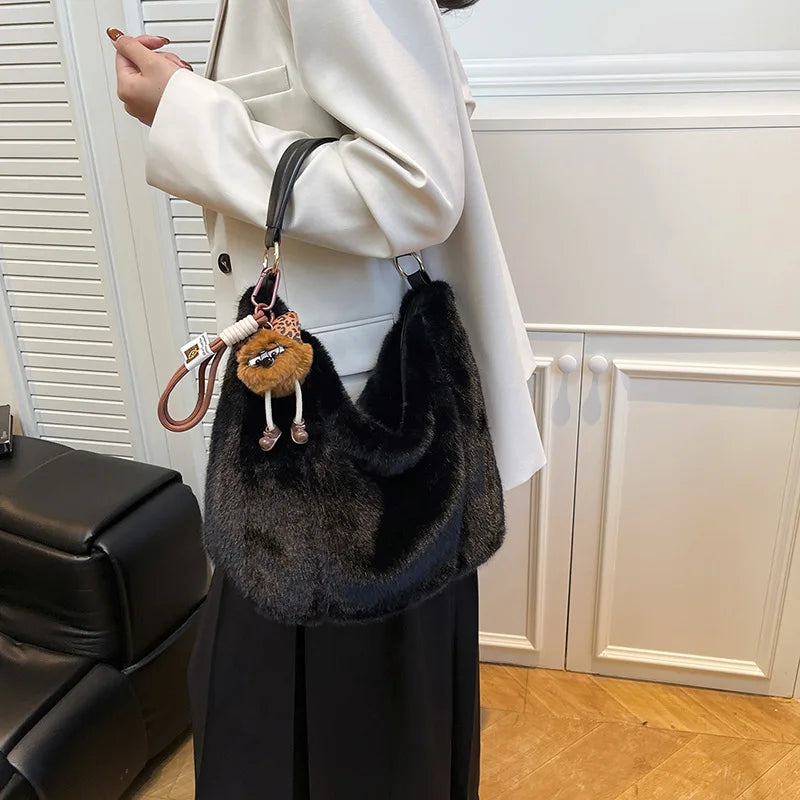 Winter Shoulder Bag Large Capacity Commuting Tote Handle Women Plush Fur Comfortable Versatile