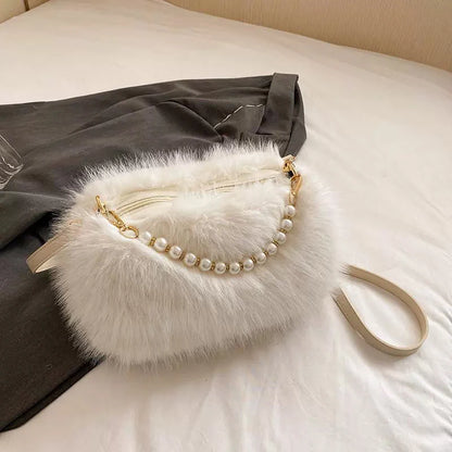 Plush Faux Fur Crossbody Bag with Pearl Chain Strap
