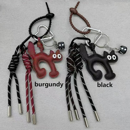 Cat Shape PU Leather Keychain Pendant with Rope Charm