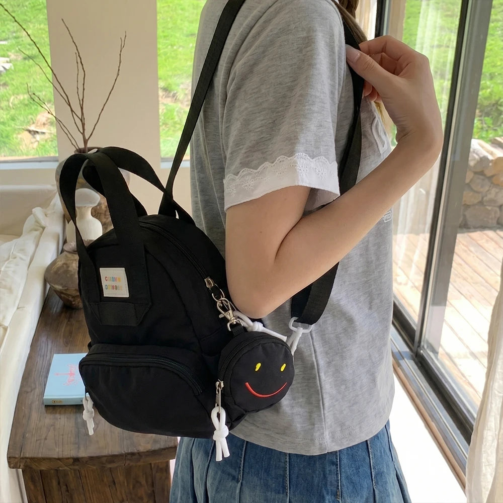 Mini Nylon Backpack with Detachable Smile Coin Purse – Multi-Pocket Daypack