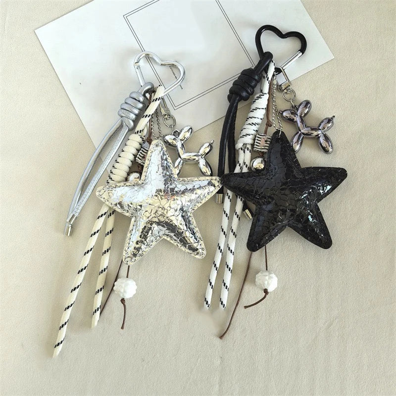 Bow Leather Charm Keychain with Braided Rope – Cute Bag Accessory