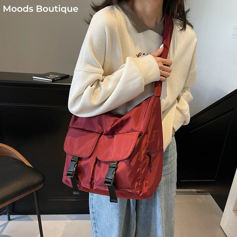 Moods Pleated Design Crossbody Bags Girls Nylon Fabric Multi Pockets Large Capacity Messenger Bag