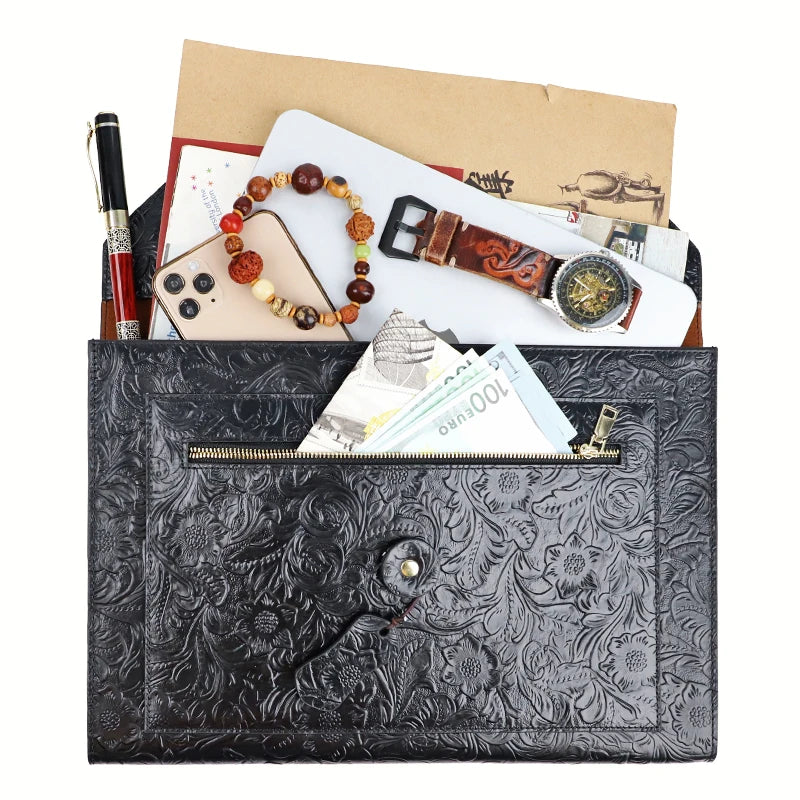 Genuine Leather A4 Document Bag – Men's Embossed Briefcase Portfolio Clutch for iPad