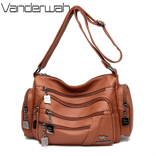 Multi-Pocket PU Leather Shoulder Bag – Women's Luxury Crossbody Messenger