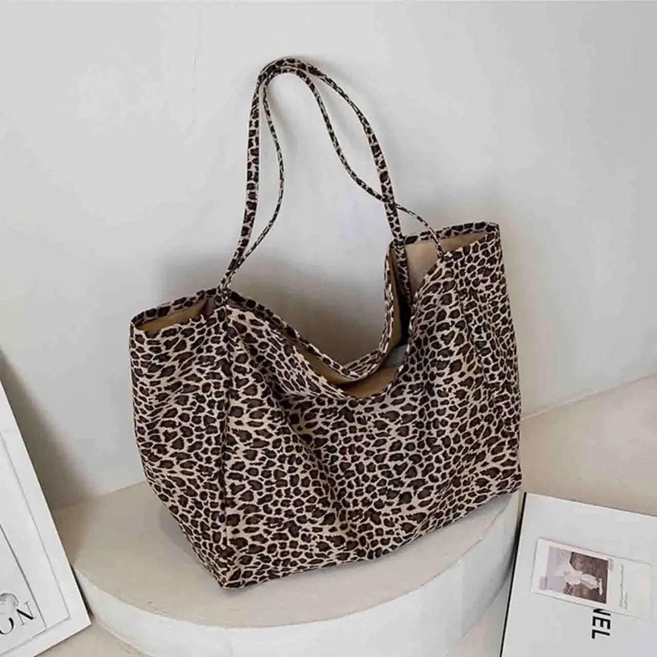 Leopard Print Canvas Tote Bag – Large Shoulder Handbag for Women