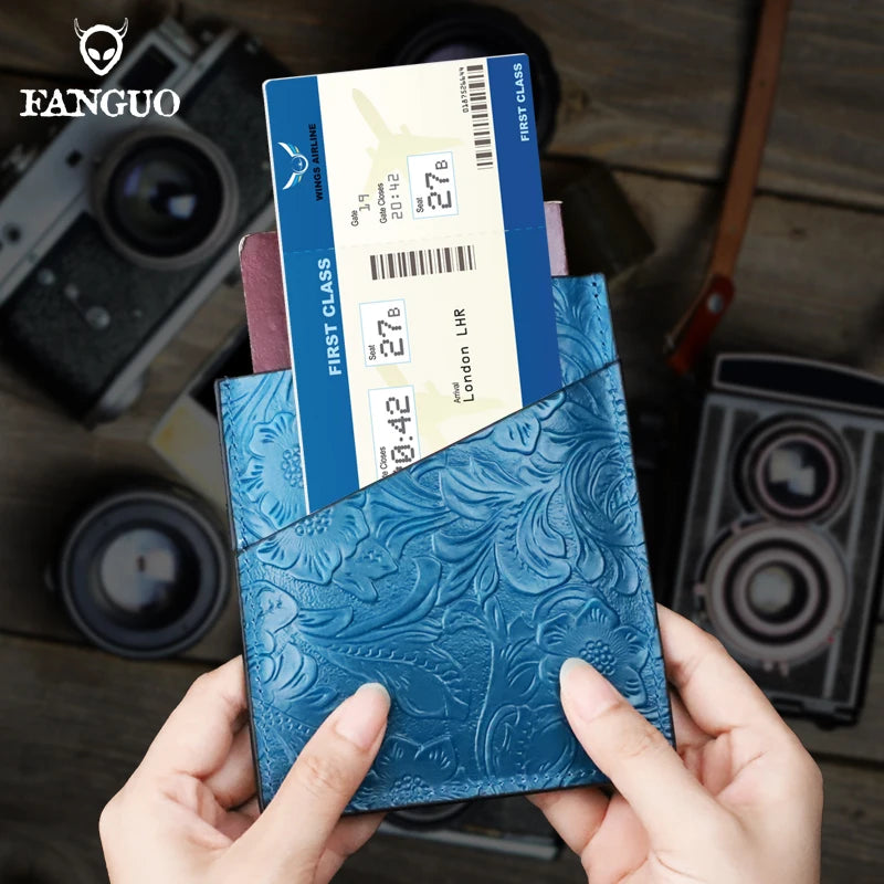 Genuine Leather Passport Holder – Floral Embossed Travel Wallet