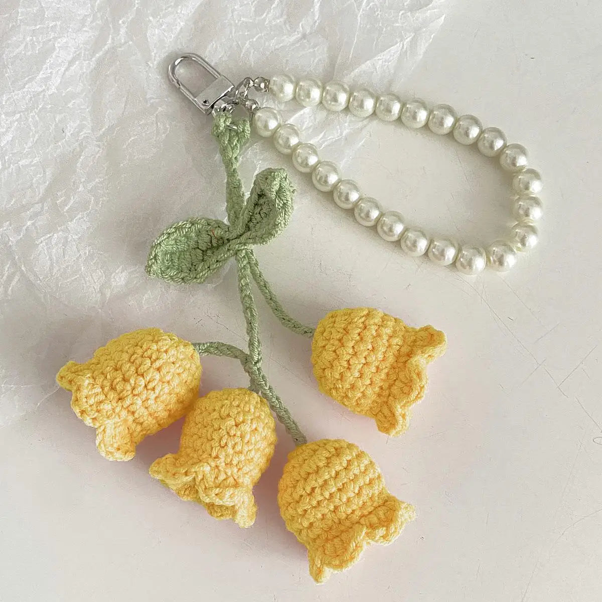 Crochet Flower Keychain with Pearl Chain Bag Charm Handmade