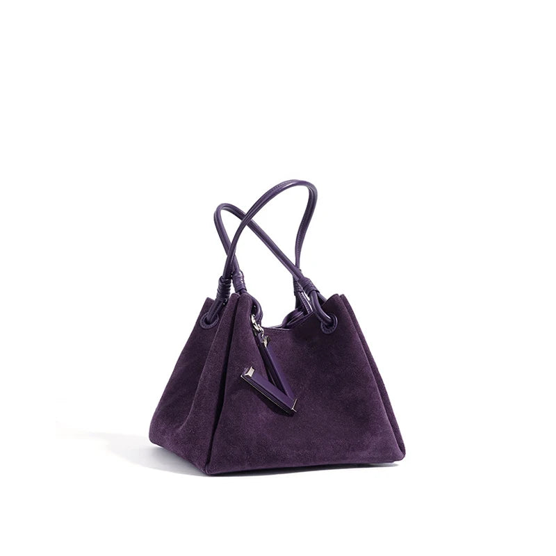 Suede Leather Bucket Bag for Women – Minimalist Handheld Tote