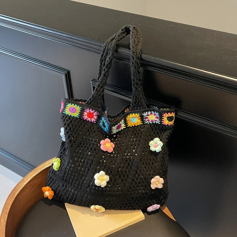 Crochet Flower Beach Tote Bag Women's Boho Shoulder Bag