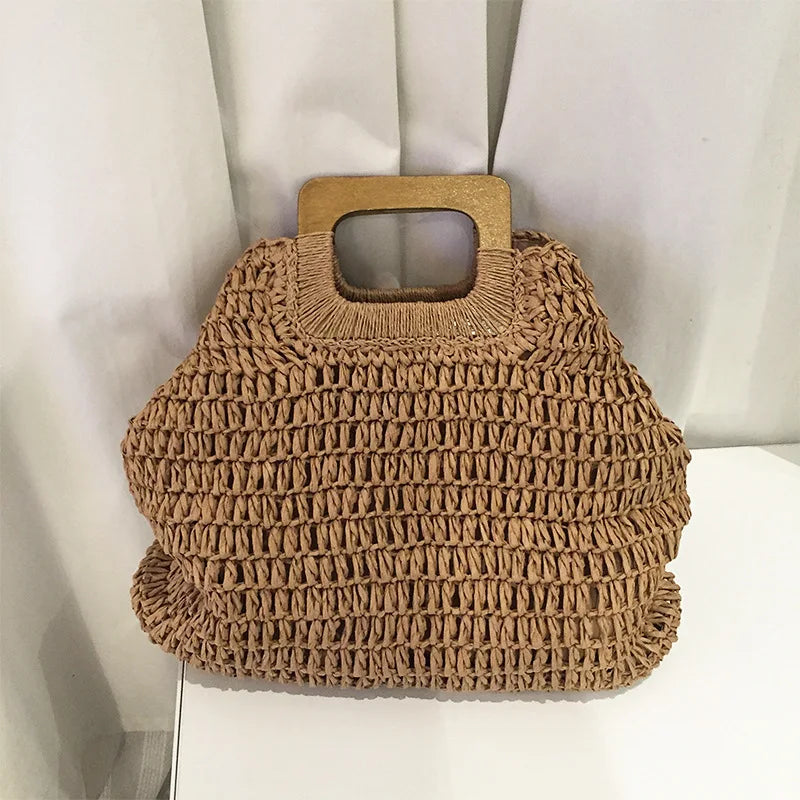 Woven Straw Tote Bag – Wooden Handle Beach & Travel Handbag