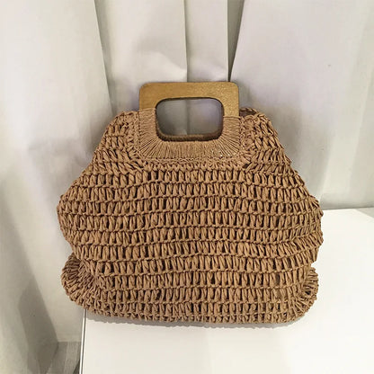 Woven Straw Tote Bag – Wooden Handle Beach & Travel Handbag