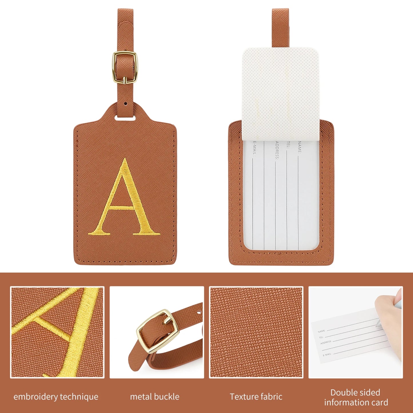 Personalized Initial Luggage Tag – Brown PU Leather Monogram Suitcase Label