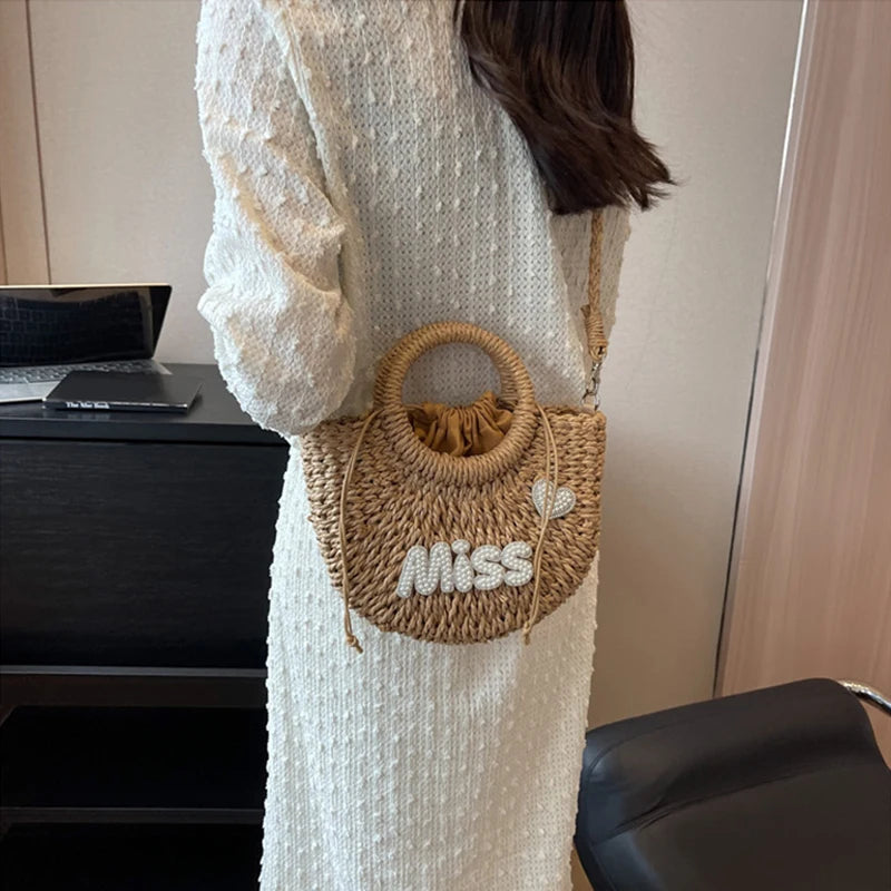 Round Straw Tote Bag – Pearl MISS Letter Woven Handbag