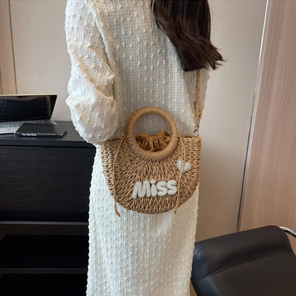 Round Straw Tote Bag – Pearl MISS Letter Woven Handbag