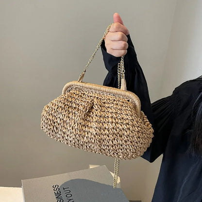 Straw Woven Cloud Bag – Gold Chain Shoulder Purse for Women