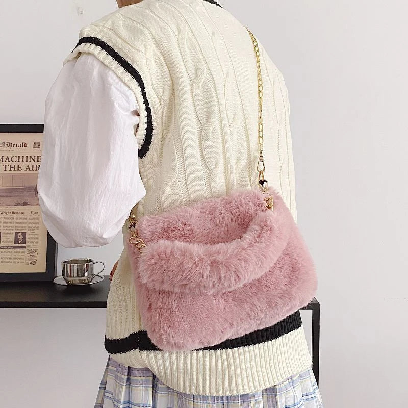 Faux Fur Crossbody Bag for Women – Fluffy Plush Chain Shoulder Purse