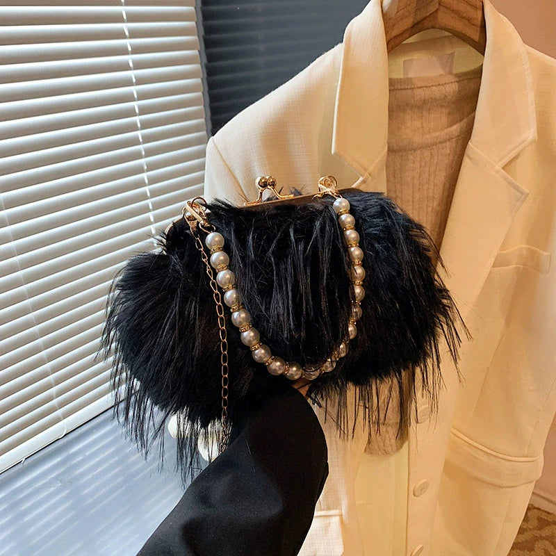 Plush Evening Bag – Fluffy Faux Fur Clutch with Pearl Handle