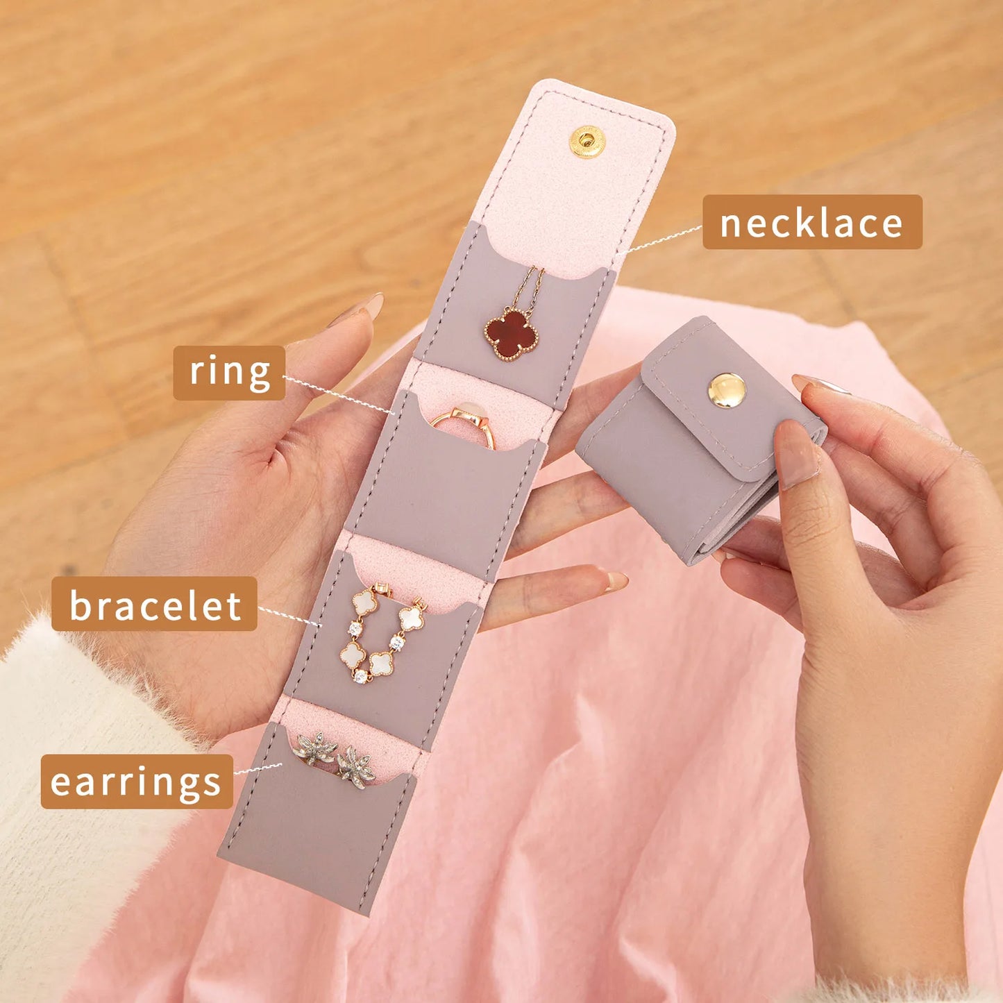 Jewelry Travel Pouch – Mini PU Leather Organizer with Snap Closure