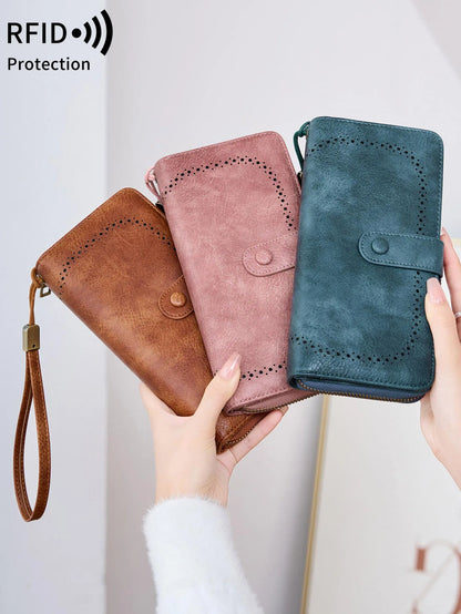 RFID Vintage Long Wallet for Women – Large Capacity Zipper Clutch