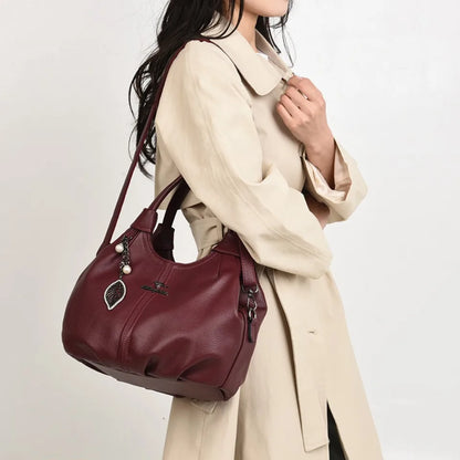 Lychee Leather Hobo Handbag – 3-Layer Shoulder & Crossbody Bag with Leaf Pendant