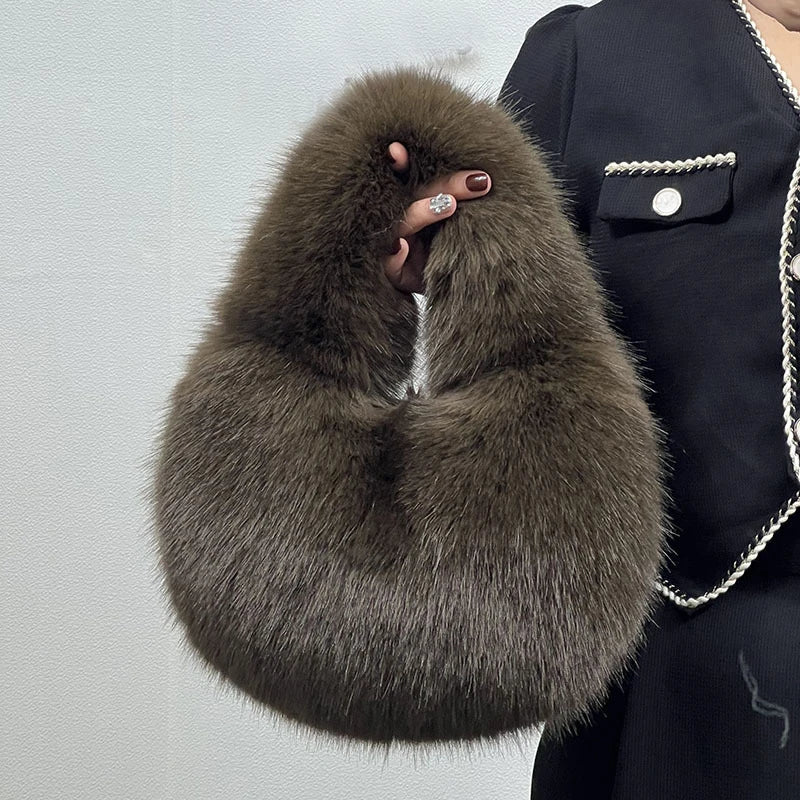 Faux Fur Half Moon Bag for Women – Fluffy Mini Tote Handbag