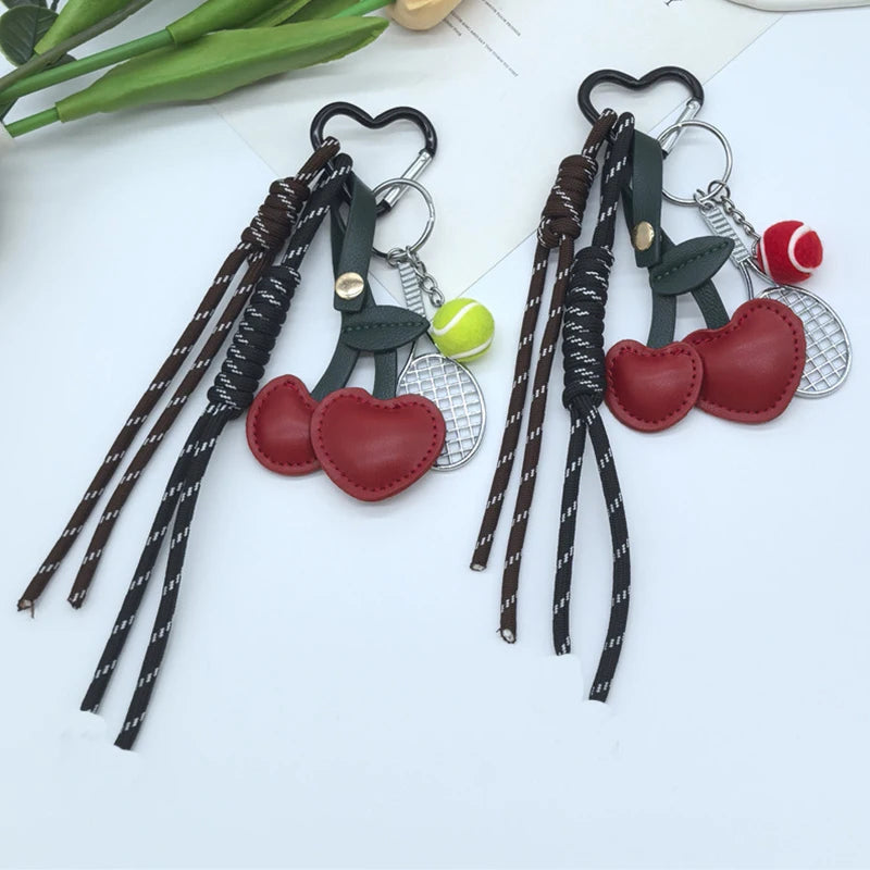 Cute Leather Dachshund Bag Charm Keychain with Cherry & Tassel