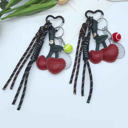 Cute Leather Dachshund Bag Charm Keychain with Cherry & Tassel