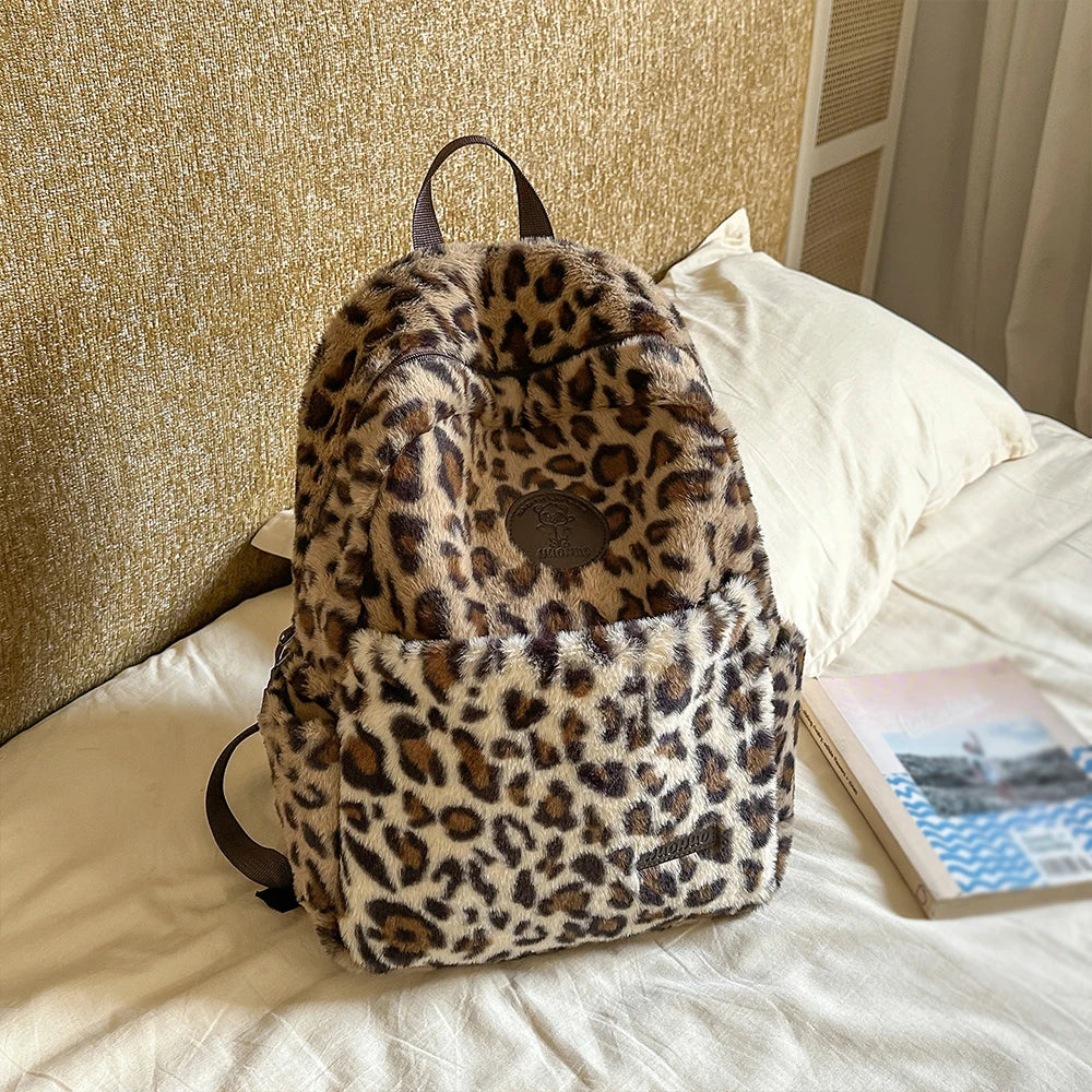 Leopard Print Plush Patchwork Backpack – Japanese Style Daypack