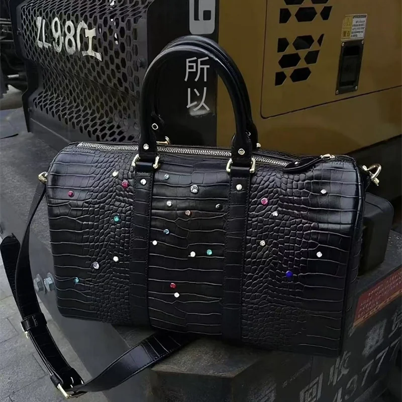 Crocodile Pattern Travel Handbag with Diamond Embellishments