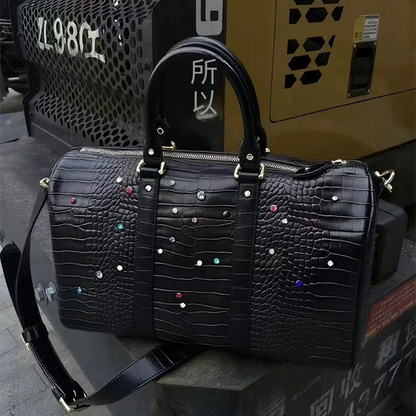 Crocodile Pattern Travel Handbag with Diamond Embellishments