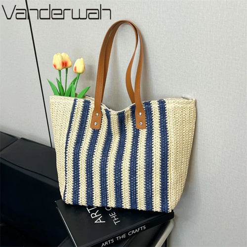 Striped Woven Straw Tote Bag – Large Capacity Shoulder Bag for Women