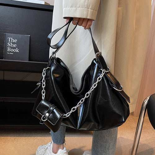 Large Shoulder Bag with Chain Strap – Women's PU Leather Hobo Tote