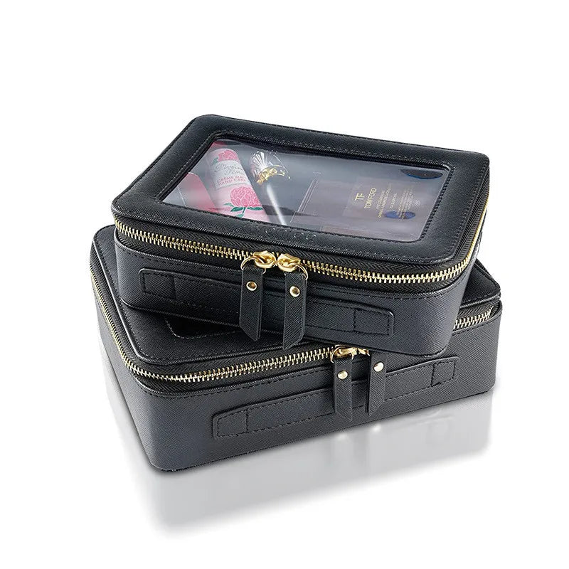Transparent PVC Window Makeup Bag – PU Leather Travel Cosmetic Organizer