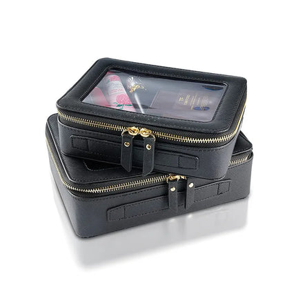 Transparent PVC Window Makeup Bag – PU Leather Travel Cosmetic Organizer