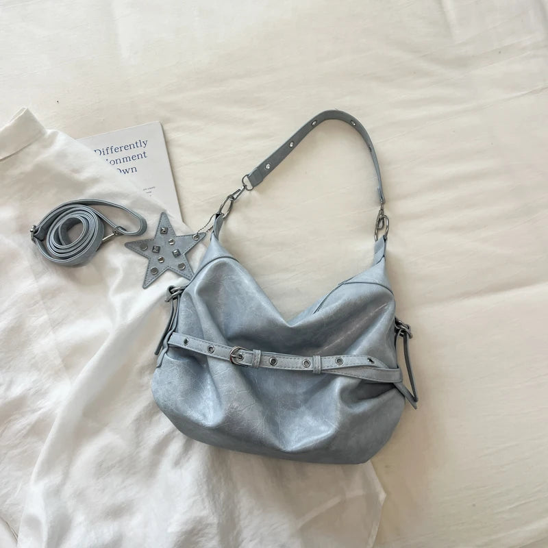 Moods Biker Style Shoulder Hobo Bags Women Soft Pu Leather Large Capacity Shopper Totes Rivets Decor