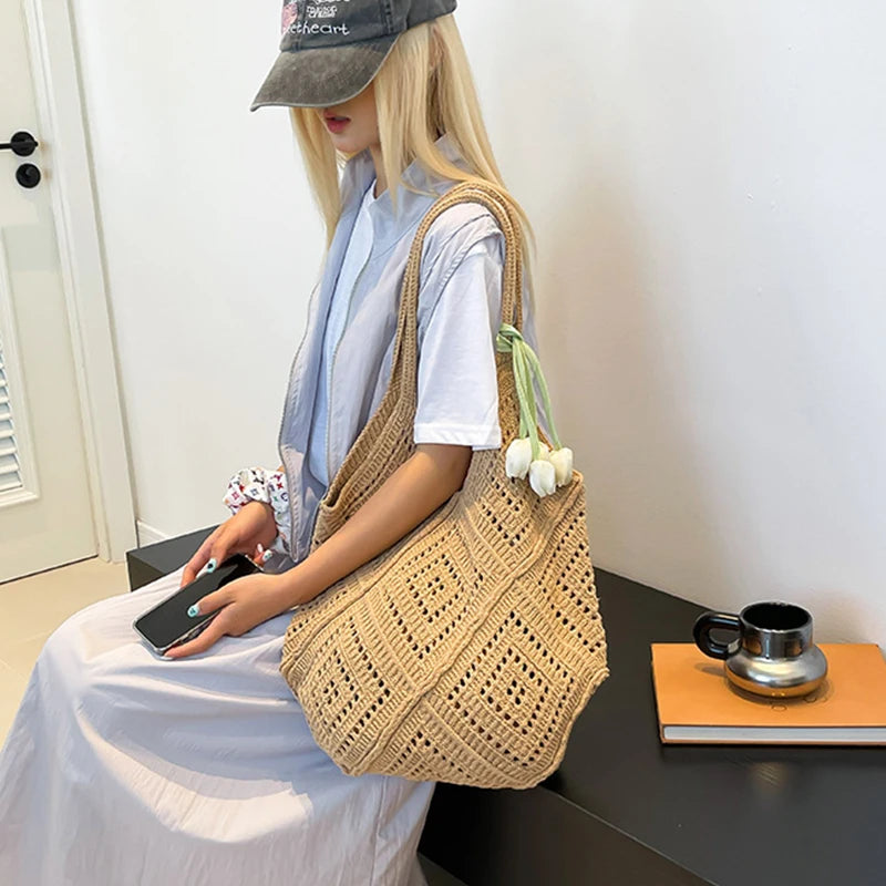Large Crochet Knit Tote Bag – Vintage Cotton Shoulder Shopper
