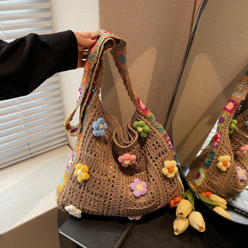 Crochet Flower Tote Bag – Large Capacity Knit Shoulder Bag